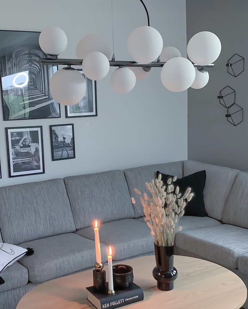 Molekyl taklampe L:85cm, tinnfarget/hvit 11 x G9