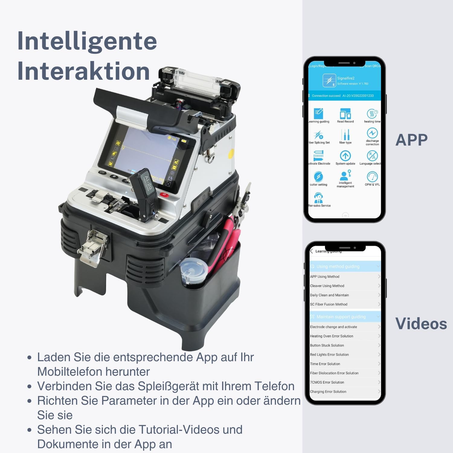 AI-20 Fusion Splicer LWL Spleißgerät Kit mit neu entwickeltem elektrischem Faserschneider, Glasfaser Spleißgerät AI-20 Upgrade von AI-10A mit 6s Spleißen 15s Aufheizen OPM VFL 7800mAh Akku