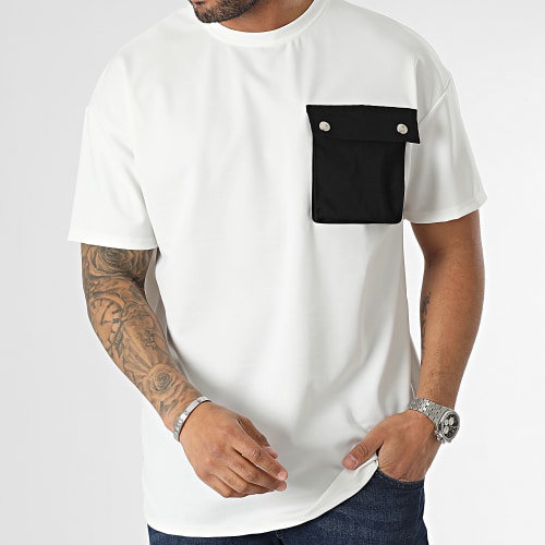 Tee Shirt A Poche Poitrine Beige Clair Noir