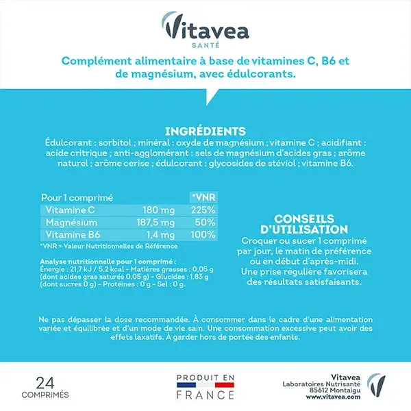 Vitavea Vitamina C + Magnésio Equilíbrio do Sistema Nervoso 24 Comprimidos Mastigáveis
