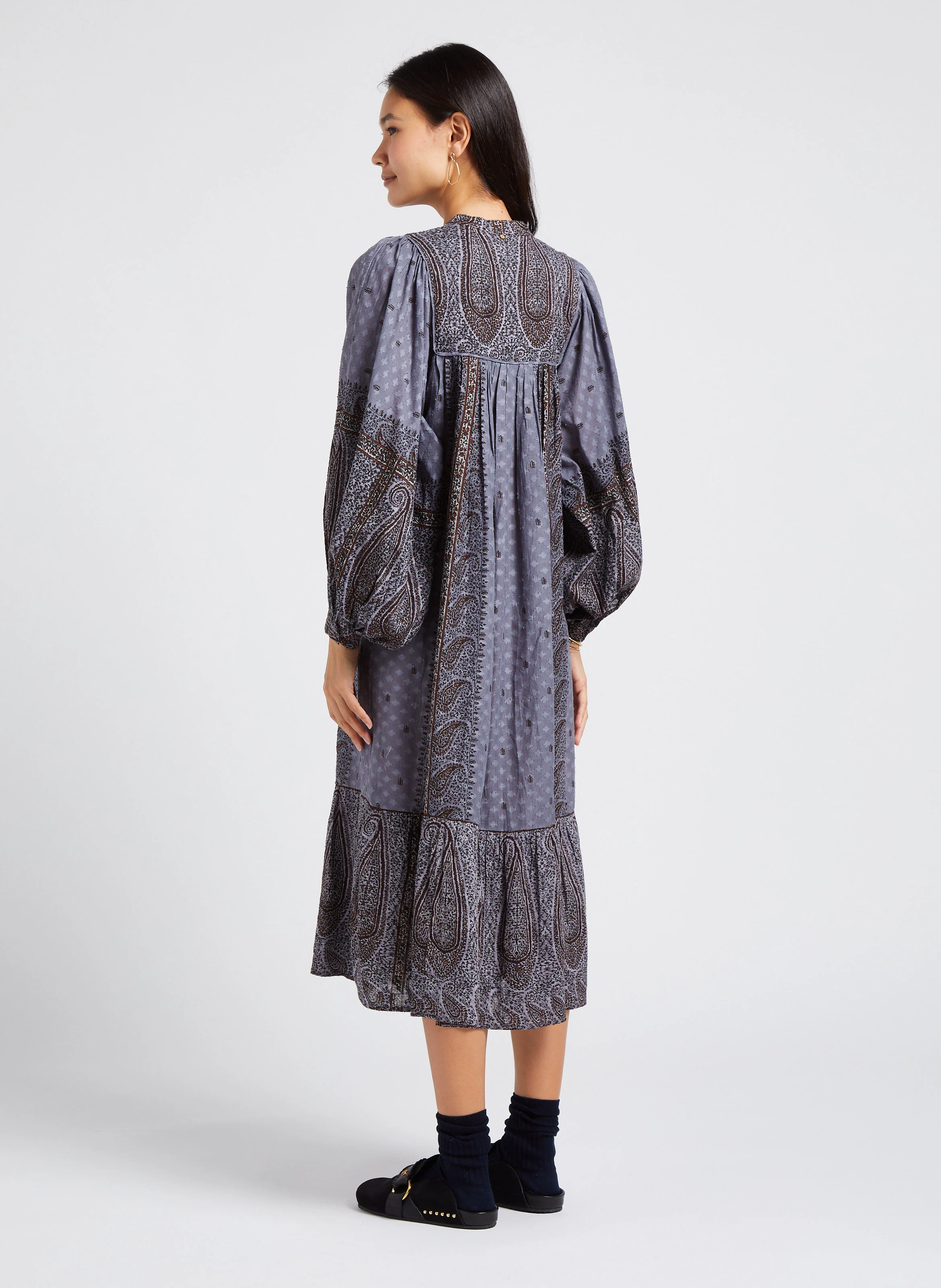 HIDA - Robe mi-longue col tunisien imprimée en coton | Gris