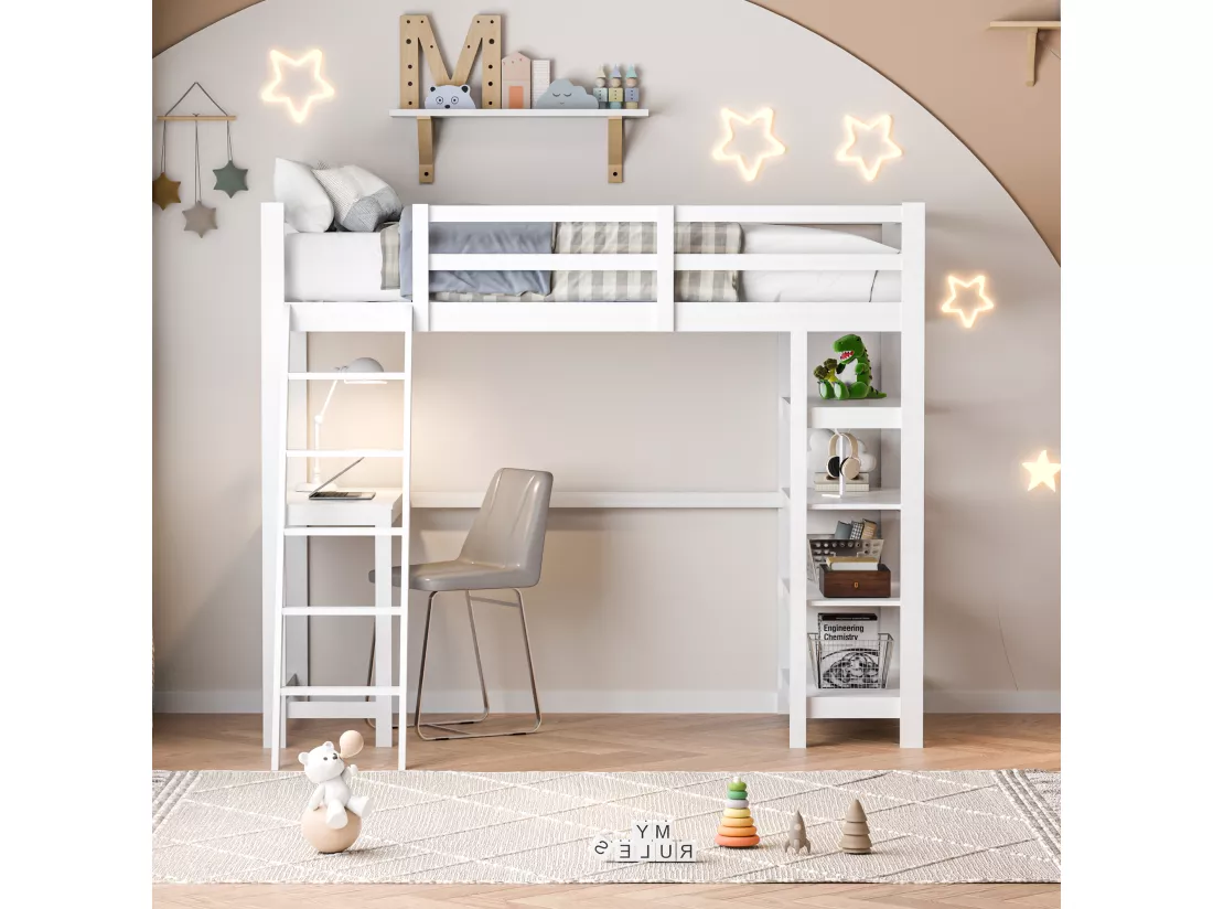 Lit Mezzanine pour Enfant, 90 x 200 cm, avec Compartiments de Rangement et Bureau sous Le lit, Blanc, étagère de Rangement à Quatre Couches, Grande capacité, Peu encombrant et Fonctionnel