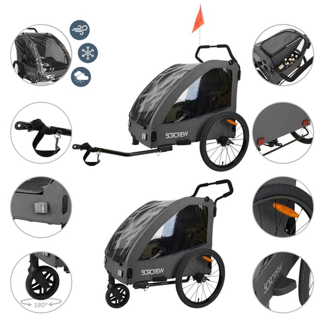 Fahrradanhänger 2in1 - für 2 Kinder - Grau