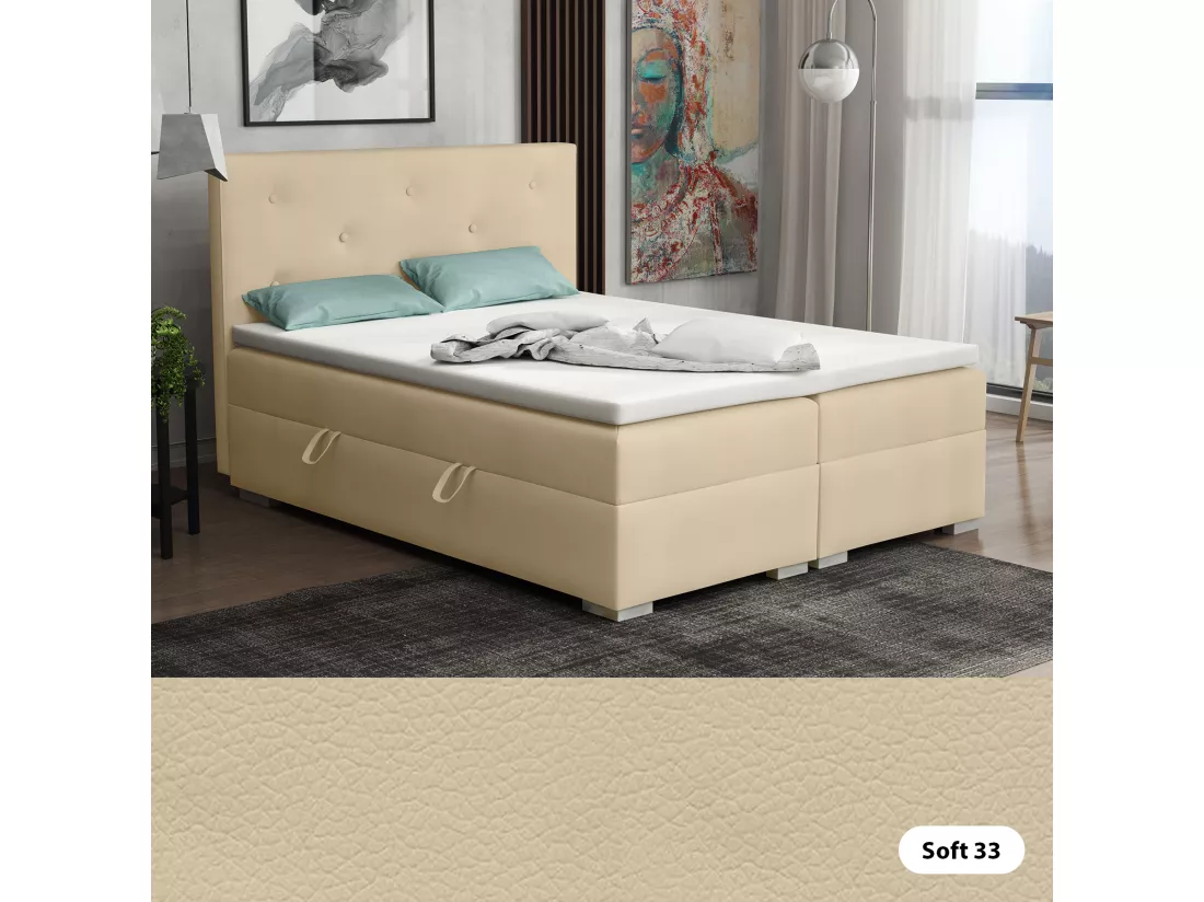 Lit Boxspring avec tiroirs de lit, Coffre de lit Topper Atlanta 180x200 cm, Soft 33 (Écru)