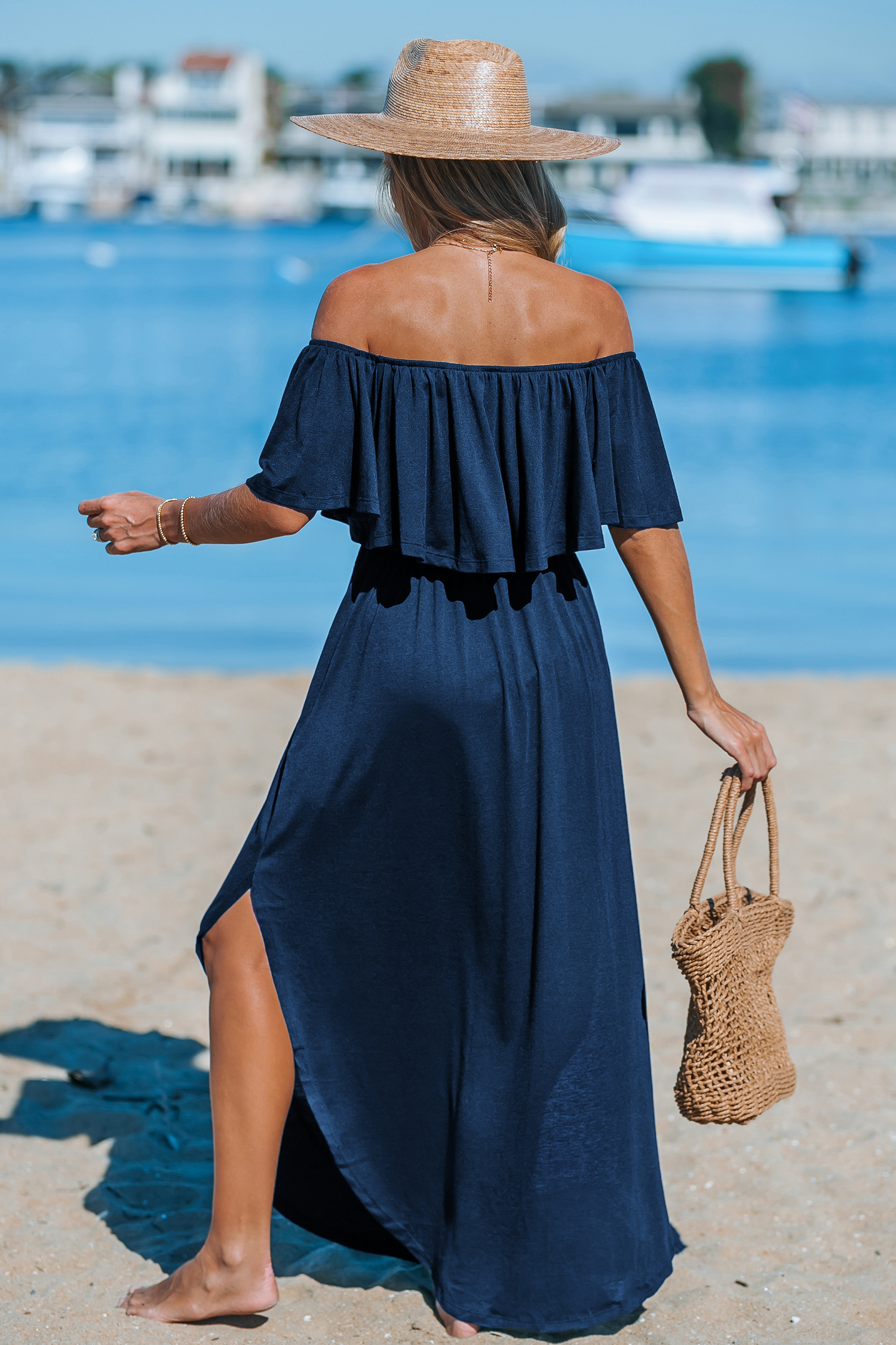 Robe maxi en jersey à épaules dénudées et corsage à volants bleu