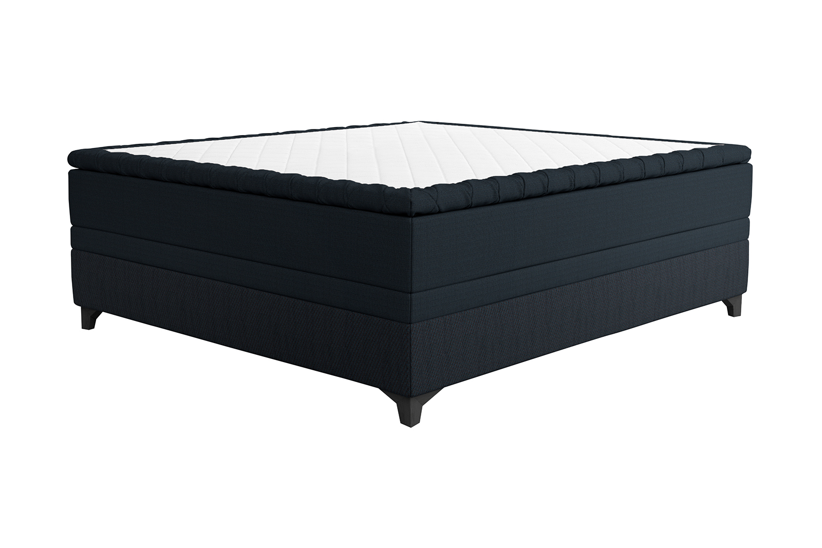 Majestic Crown kontinentalseng Tekstil 020/021 mørk blå. 210x210 cm med Majestic overmadrass og Exact funksjon. Fast/Fast. Eicon ben sort. Uten hodegavl