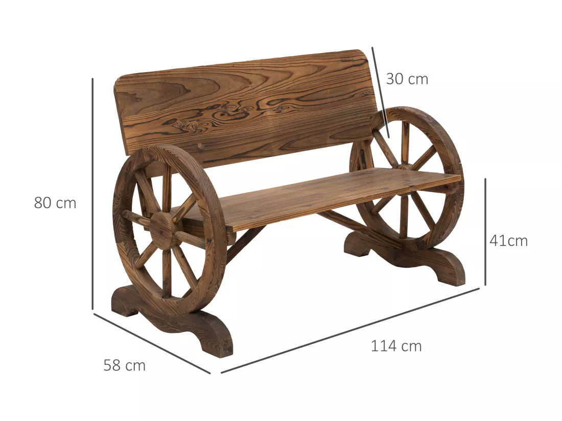Banc de jardin 3 places style rustique chic accoudoirs roues de charette bois sapin traité carbonisation