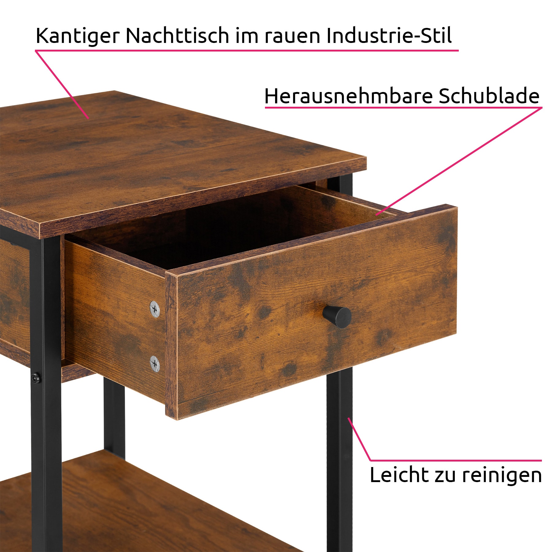 tectake® Nachttisch, Industrial Style, 2 Ablagen und Schublade, 40 x 40 x 55,5 cm