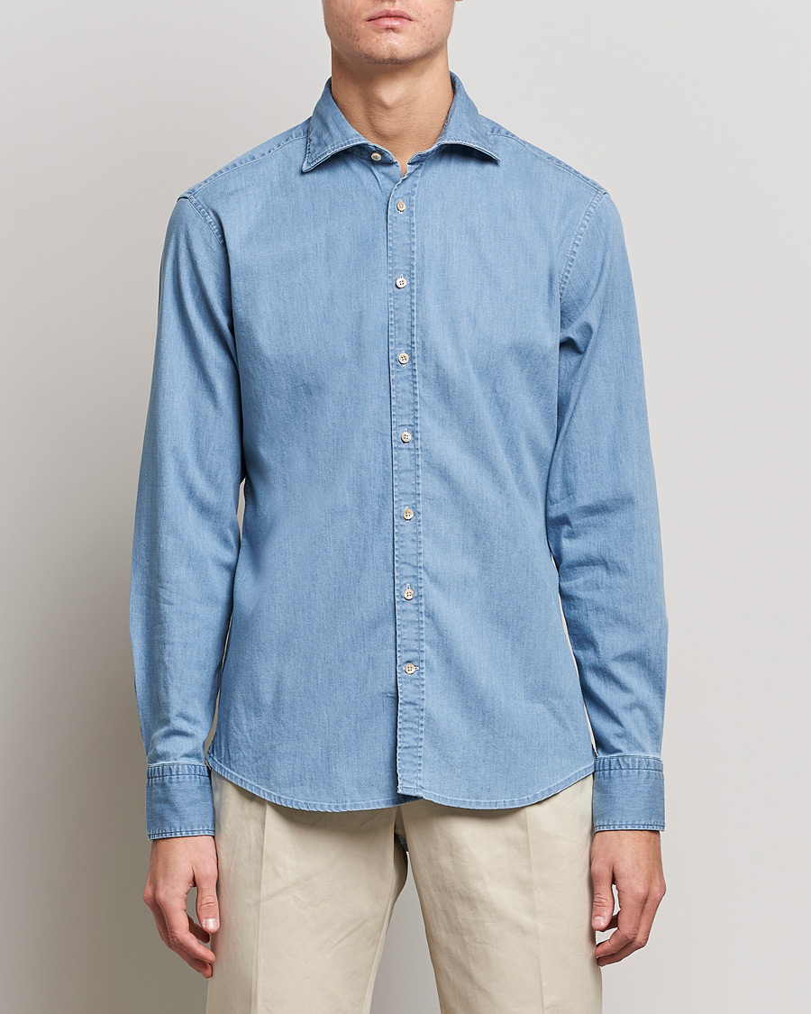 Stenströms Fitted Body Garment Washed Shirt Light Denim
