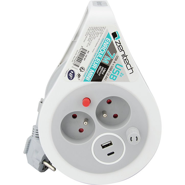 Mini enrouleur H05VV-F 3G1 3 prise de 16A + USB 7m gris