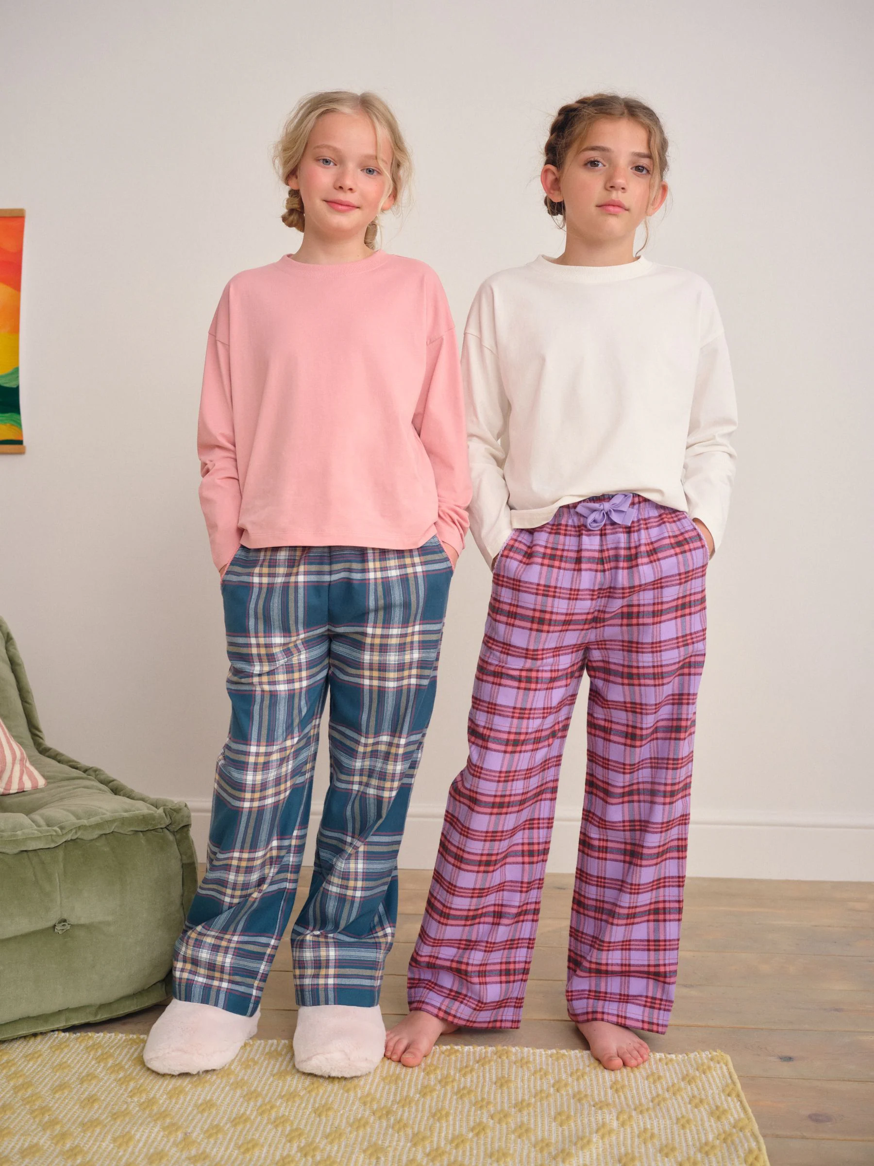 Groen/roze geruit - Set van 2 ruit pyjama's met geweven onderkant (3-16jr)