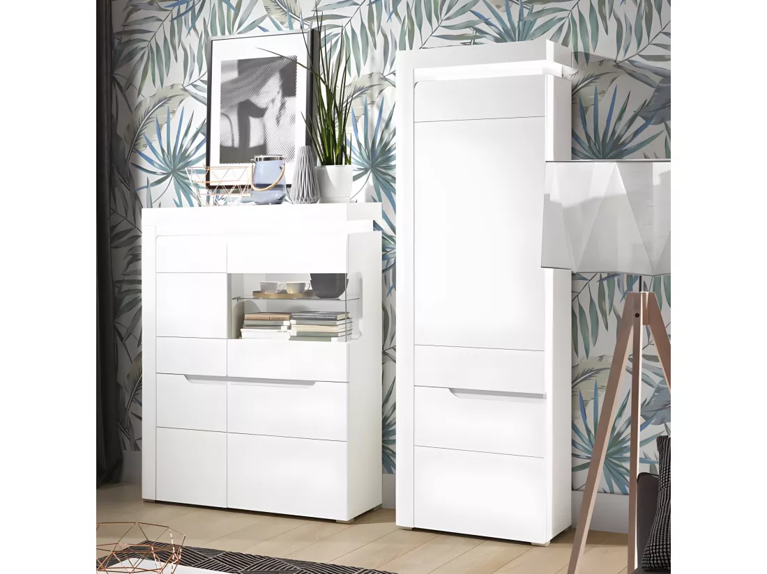 Armoire 2 portes Blanc Brillant à LED - KIELE - L 60 x l 39 x H 195.5 cm