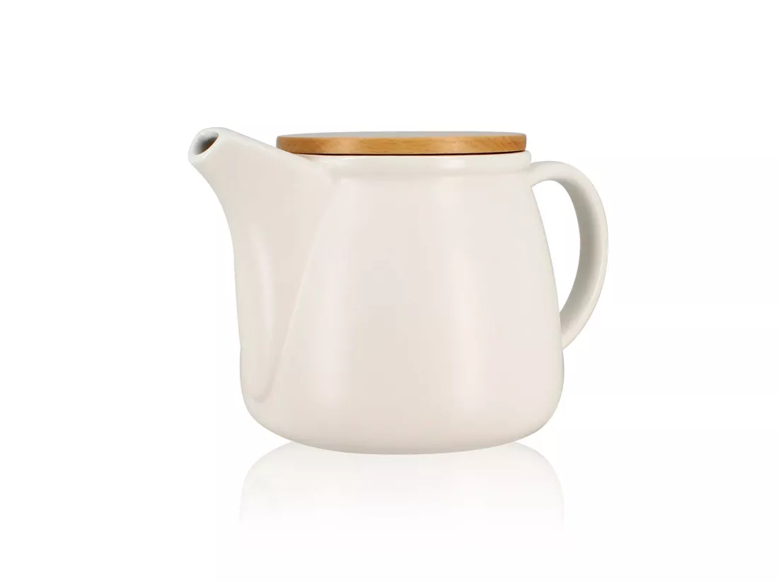Ogo Living - Theiere Mona 1000ml En Porcelaine Blanche Et Couvercle Bois