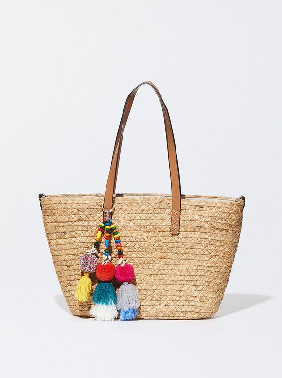 Sacola de compras com pompons de palha - Bege