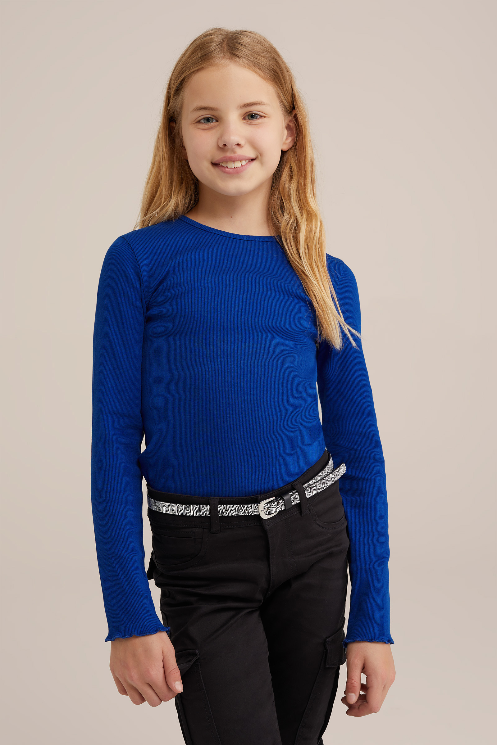Meisjes T-shirt van ribstof WE Fashion Kobaltblauw