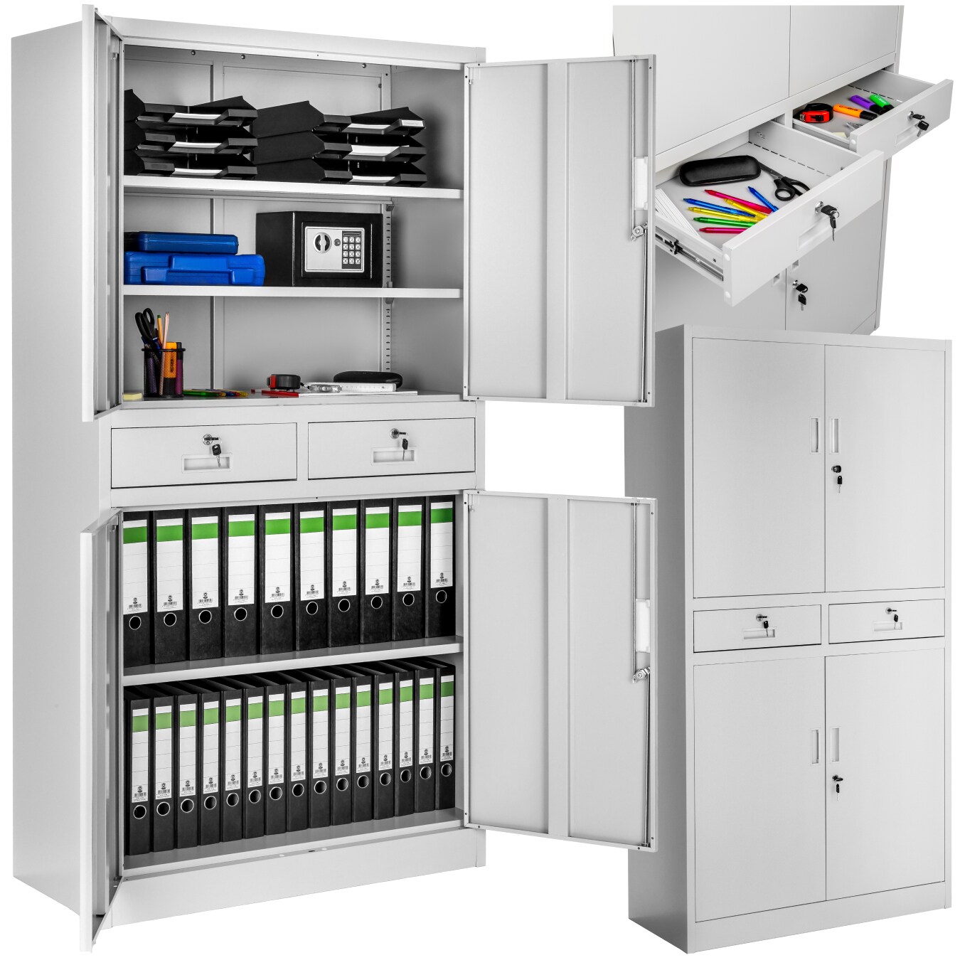 tectake® Aktenschrank, aus pulverbeschichtetem Stahl, 3 höhenverstellbare Einlegeböden, 180 x 80 x 40 cm