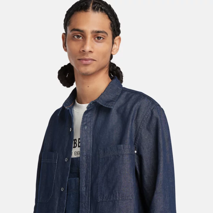 Camisa masculina Windham em algodão e cânhamo denim na cor índigo.