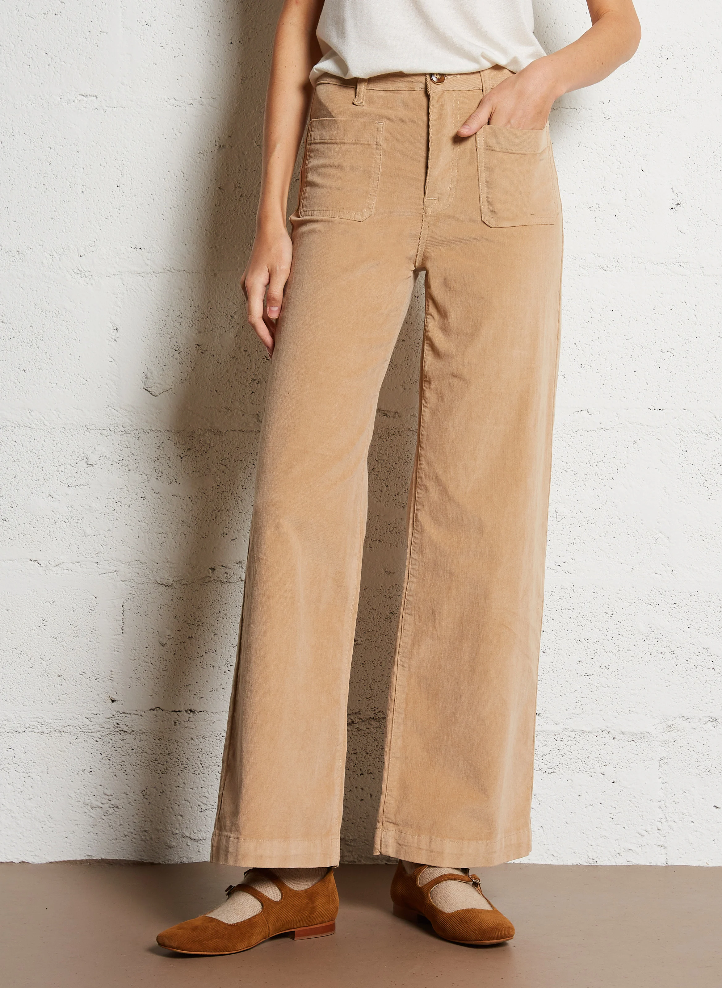 ATLANTY - Pantalon large taille haute en coton mélangé | Beige