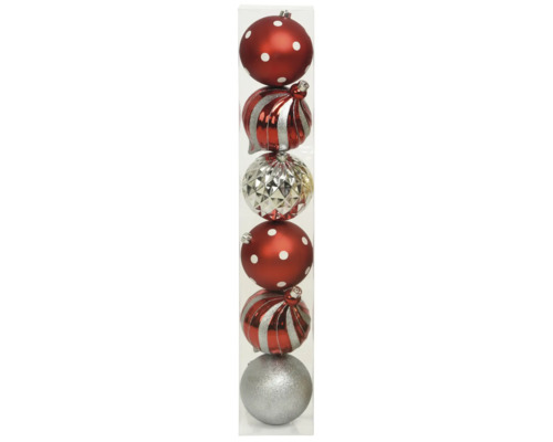 Verpakking van 6 plastic kerstballen, zilver en rood