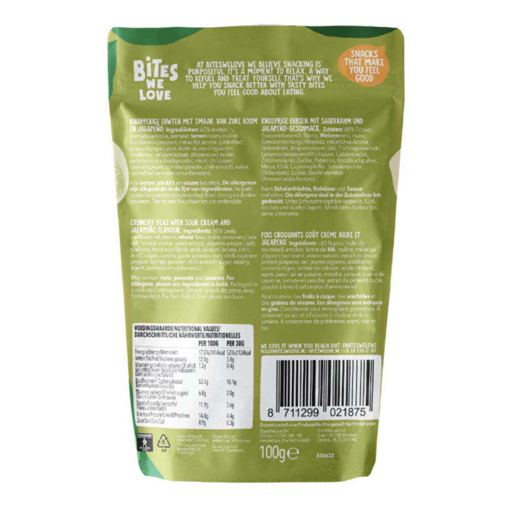 3x BitesWeLove Crunchy Peas Sour Cream & Jalapeño100 gr