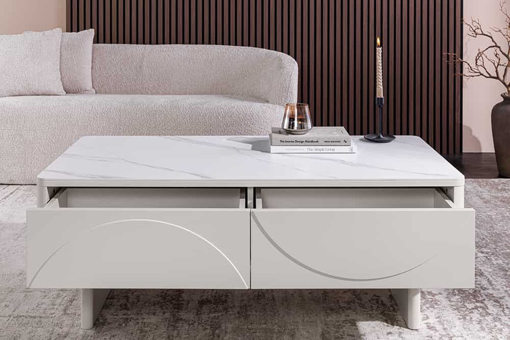 Design Couchtisch SAVOY 120cm kaschmir weiß Keramik Marmor mit Schubladen