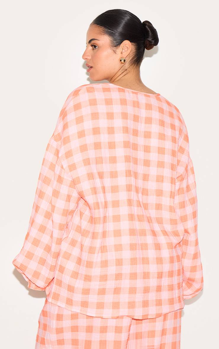Orange Ensemble Coordonné Chemise À Carreaux En Étamine Orange Avec Nœud Devant Et Manches Longues