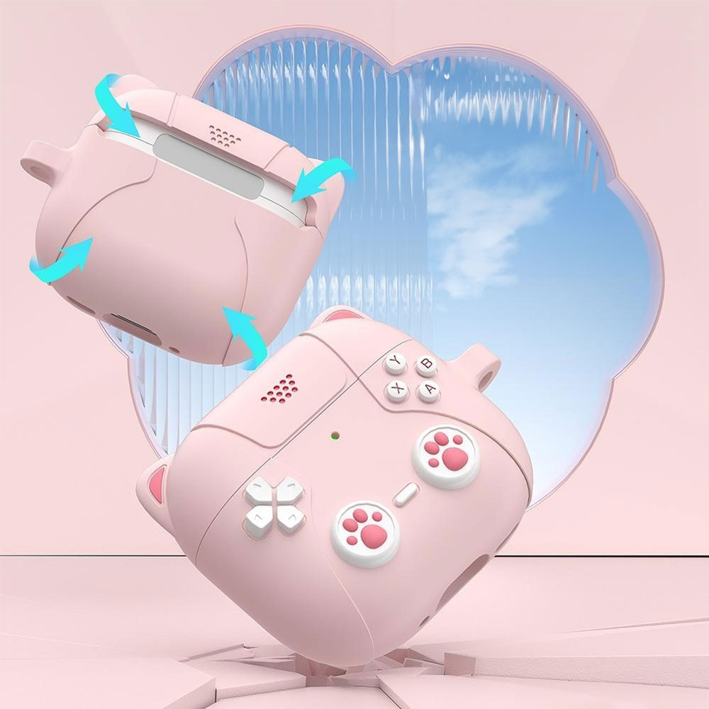 AirPods 4 Gummi Schutzhülle Retro Spielekonsole mit Katzenohren Abdeckung mit Karabinerhaken - Schwarz