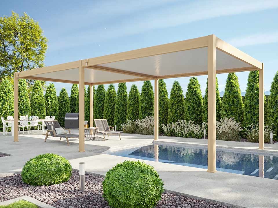 Pergola bioclimatique 4x8m autoportee eclipse 32 - effet bois - 50 lames orientables 120° - structure en aluminium
