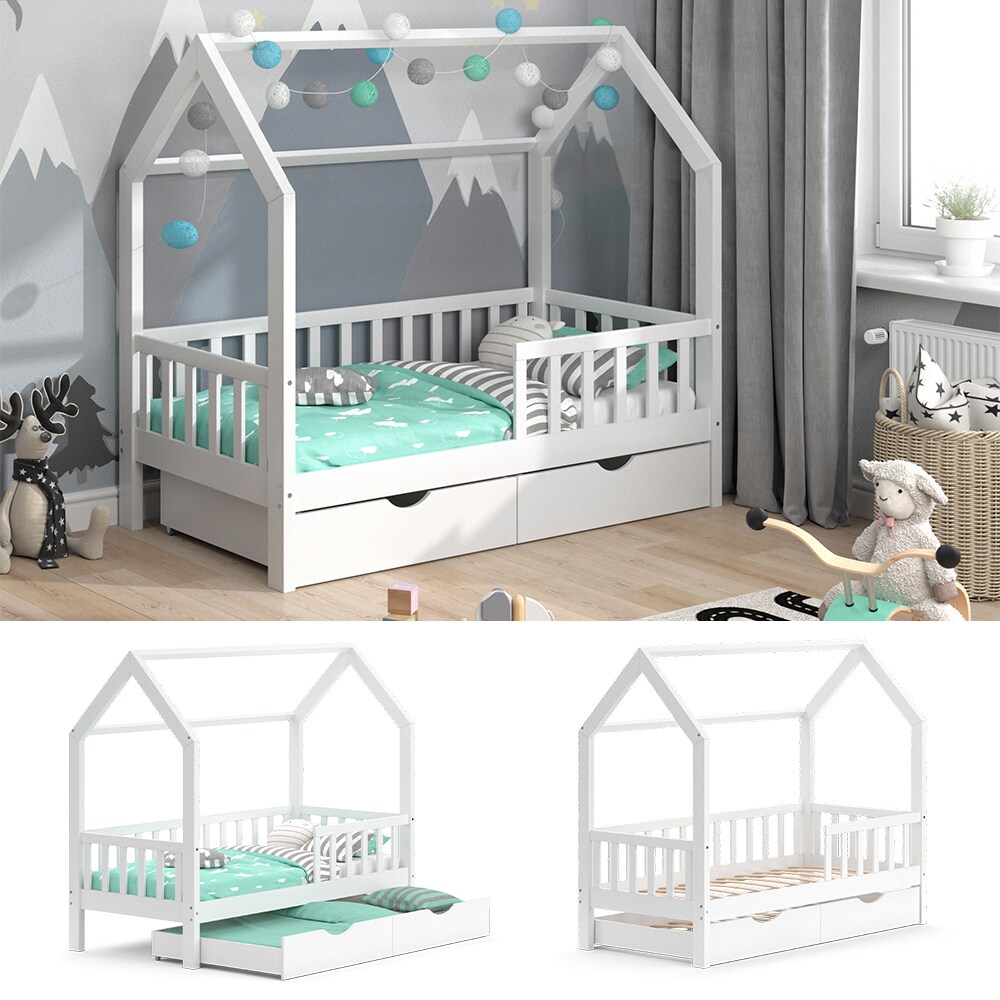 VitaliSpa Kinderbett Hausbett Gästebett Wiki Weiß 80x160cm Schublade Lattenrost