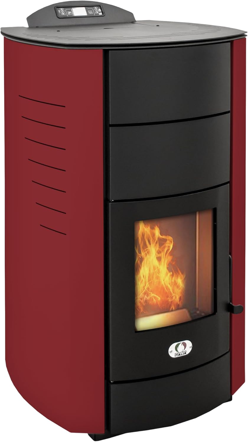 STUFE A PELLET ITALIA Manhattan 22 KW | Hydro-Pelletöfen für Heizung und Warmwasser 89% Effizienz Heizt 140m² Autonomie 22 Std Programmierbar 5 Geschwindigkeiten und Kräfte 24 Monate Garantie Rot