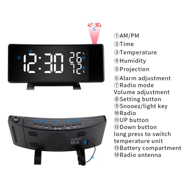 Multifunktionelt LED-projektion vækkeur / temperatur / fugtighed / snooze