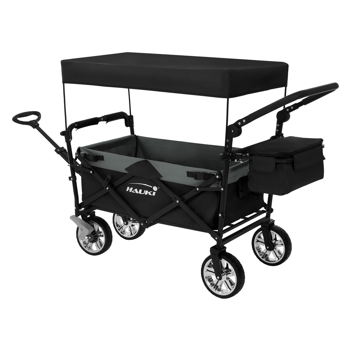 Hauki XXL opvouwbare bolderkar met luifel en tas, zwart-grijs, opvouwbare handkar voor duwen en trekken, kindertransportkar, 360° draaibare voorwielen, PU-wielen met remmen, draagvermogen 120 kg
