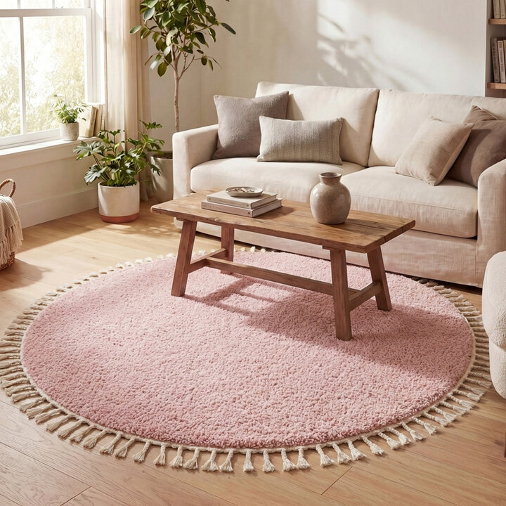 Rond hoogpolig vloerkleed - Lofty Fringe Roze | Sfeervol!