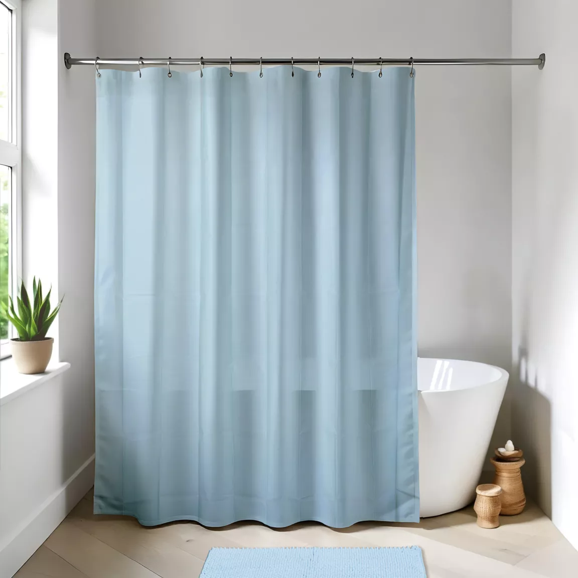 Rideau de douche à anneaux (180 x 200 cm) Uni Bleu clair