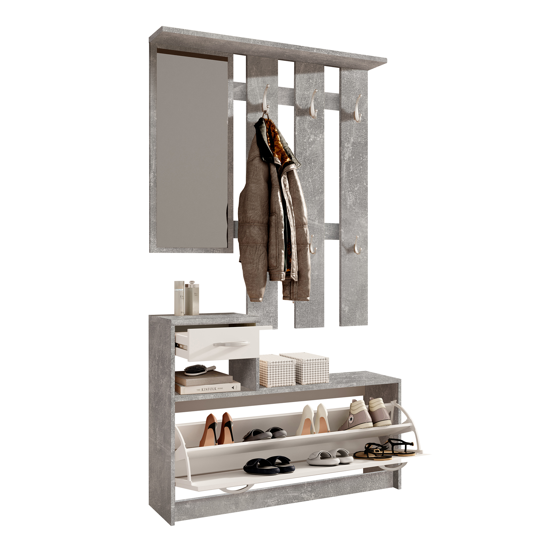 Garderobe - Betonoptik-weiß - mit Schubkasten