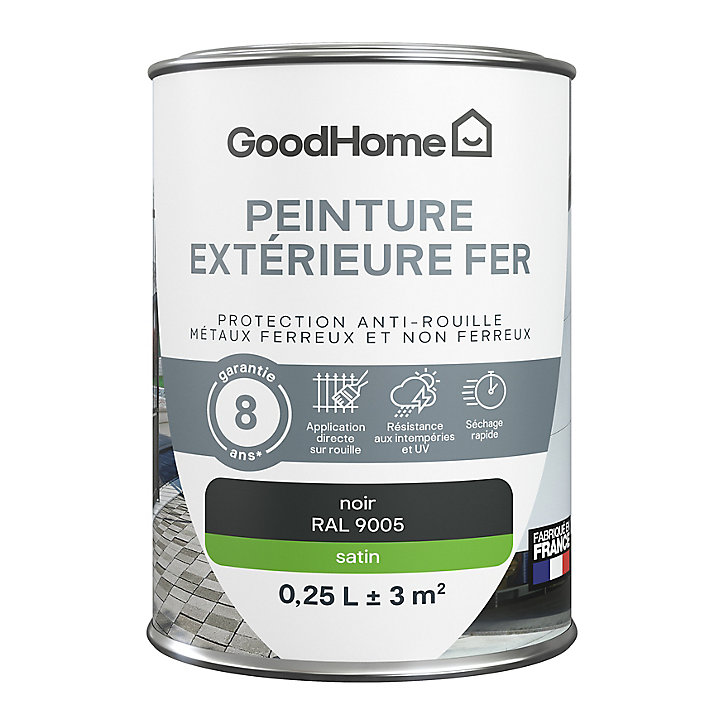Peinture extérieure métal GoodHome noir RAL 9005 satin 250ml