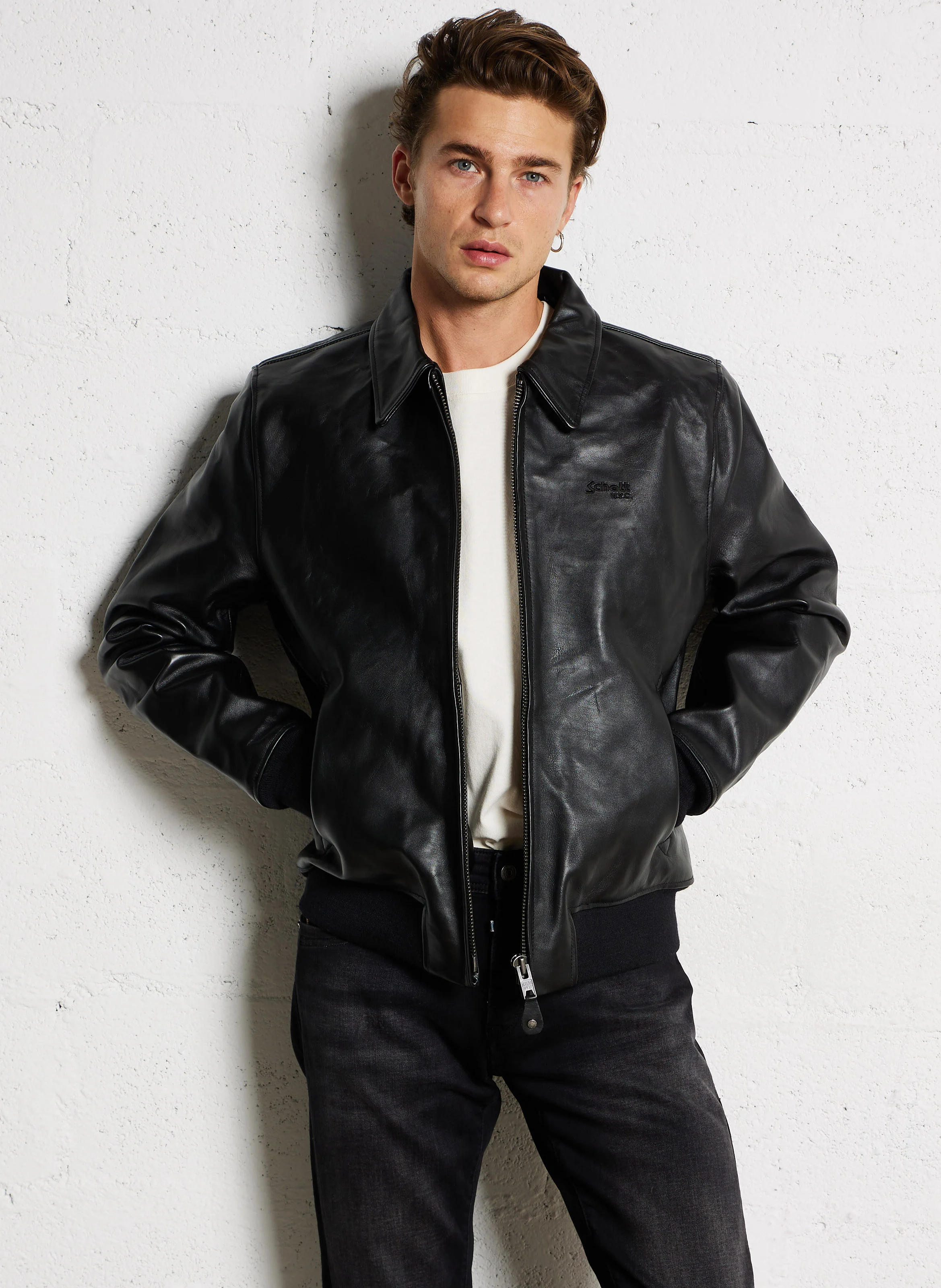 Veste col classique en cuir | Noir