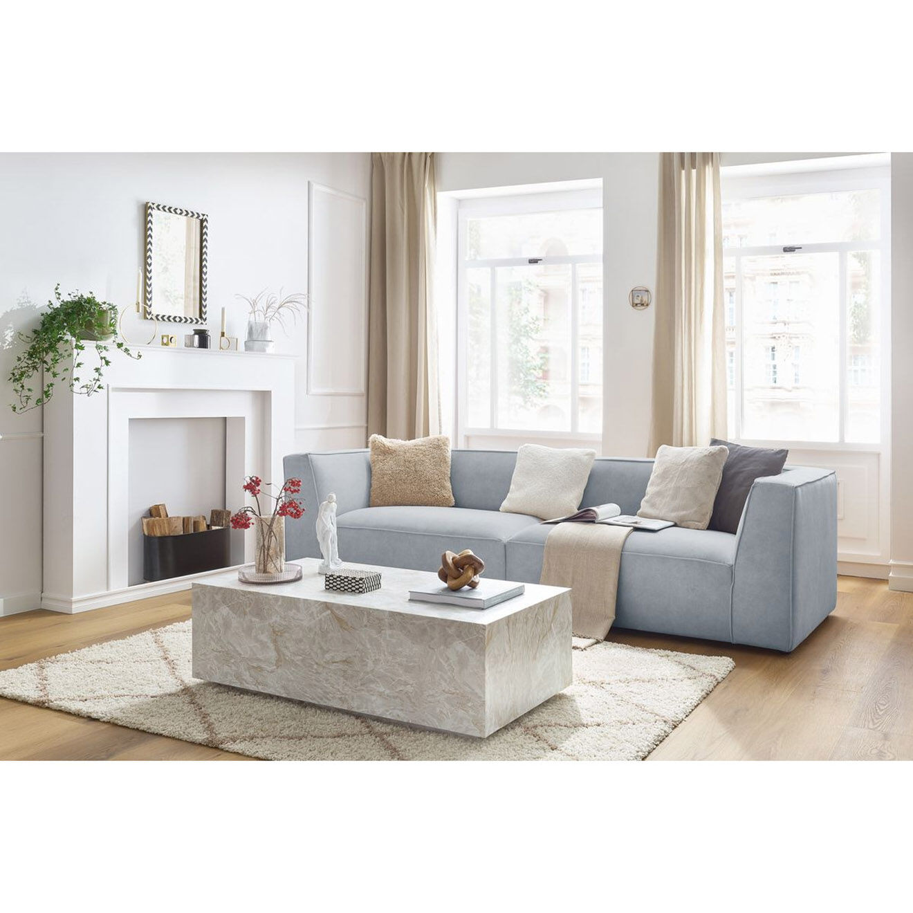 Bobochic Canapé droit fixe 4 places en Velours Molière gris clair - 273x99x71 cm