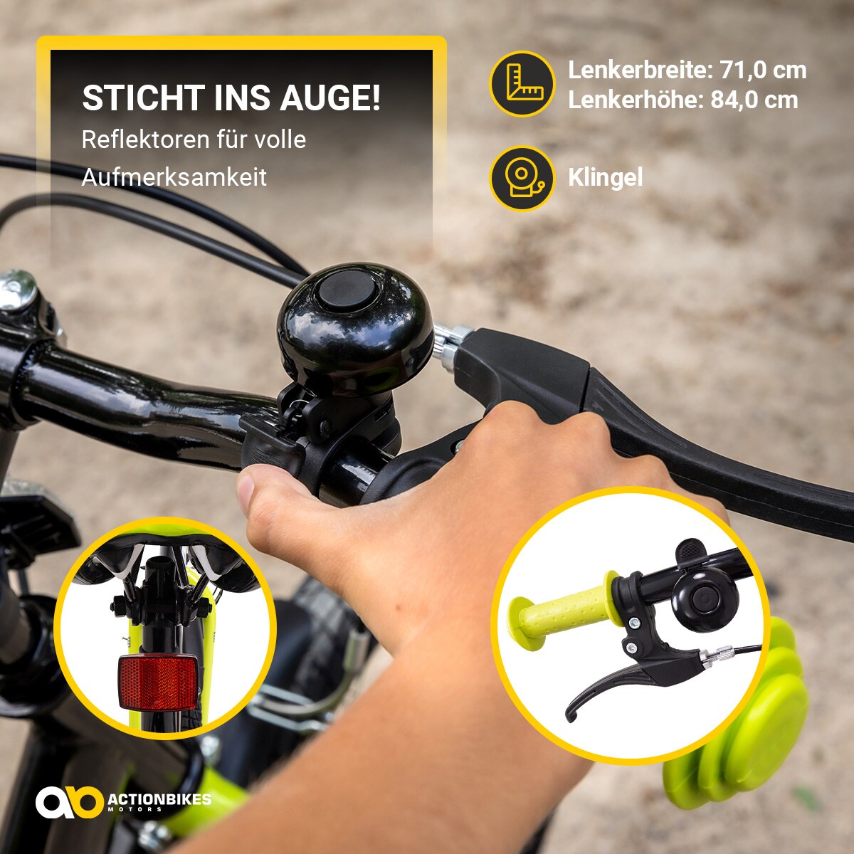 Actionbikes Kinderfahrrad Wasp 20 Zoll, Fahrradständer, Schutzbleche, verstellbar, V-Brake-Bremsen (Schwarz-Grün)