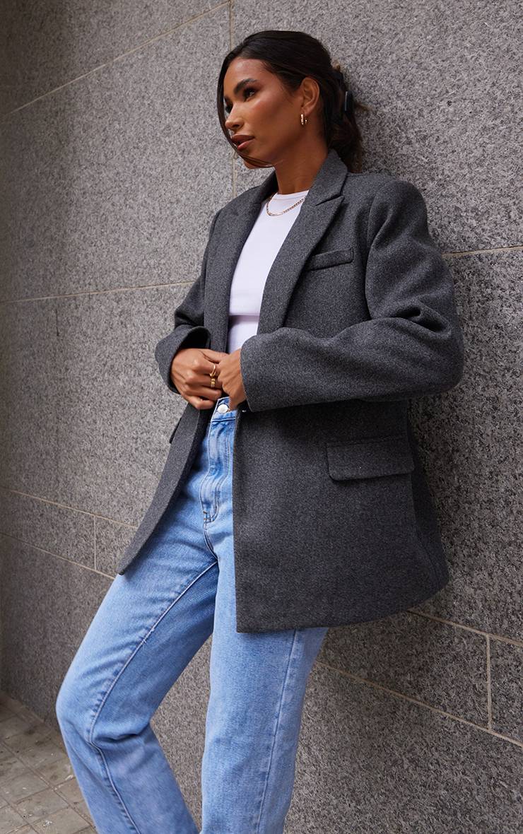Gris Blazer Croisé Aspect Laine