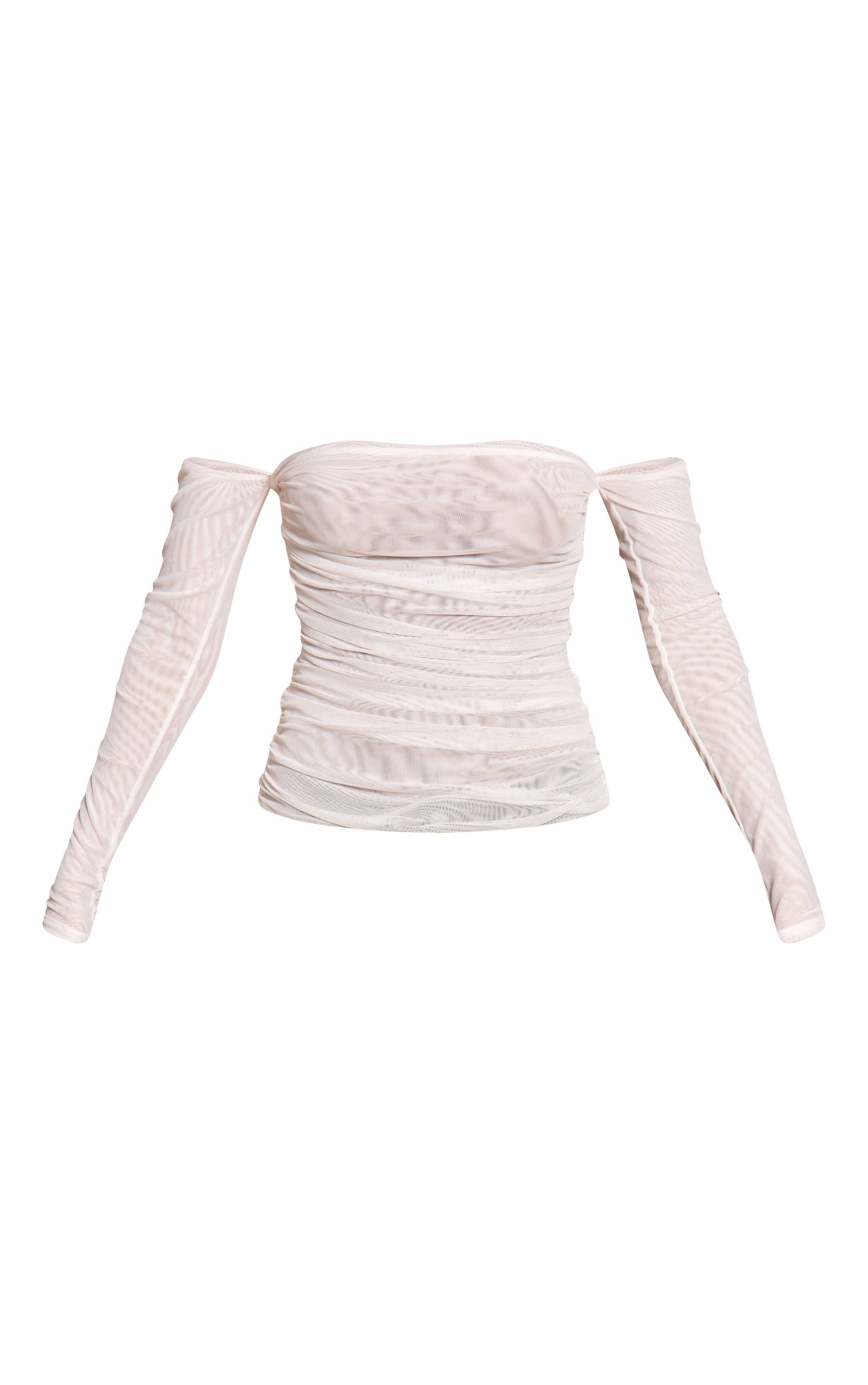 Blanc Bardot À Manches Longues En Double Couche De Mesh Avec Détails Froncés