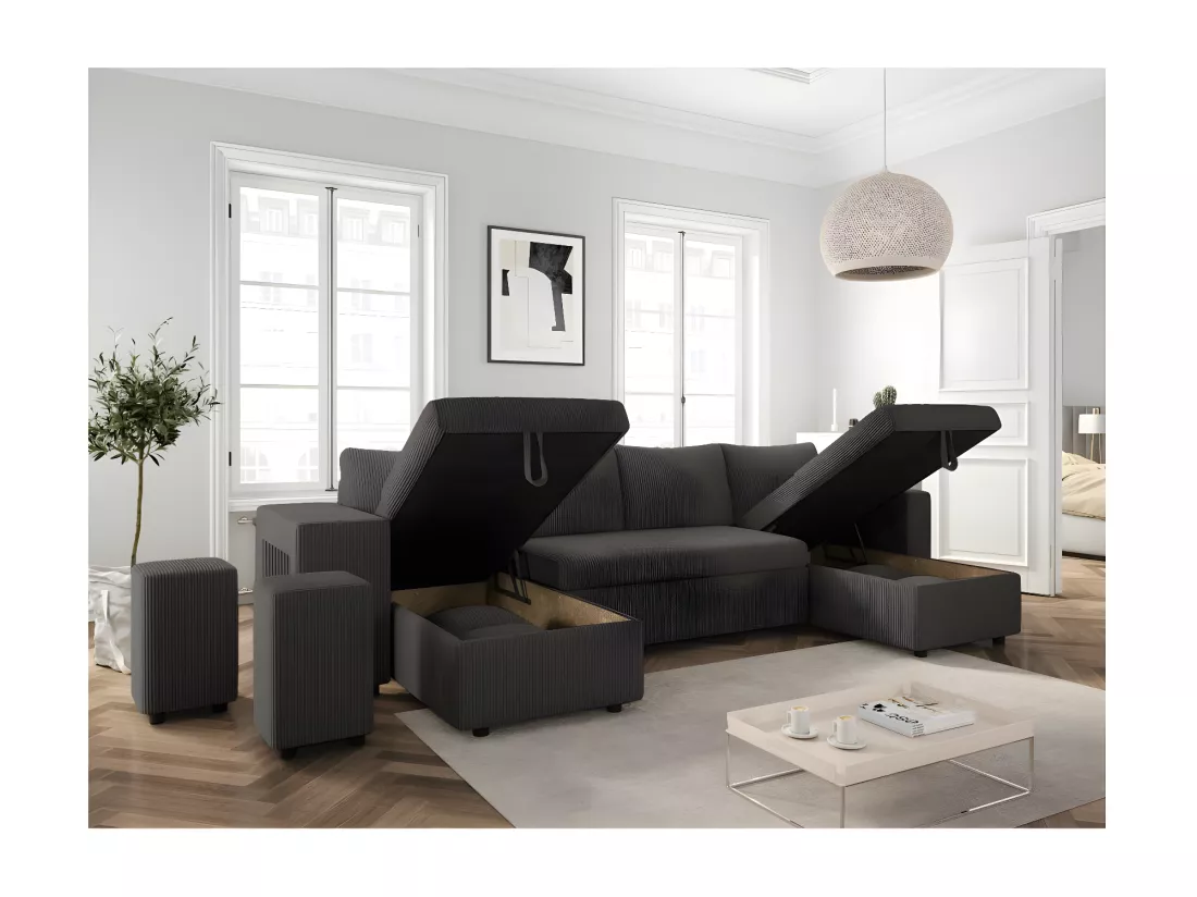 Canapé panoramique Oslo convertible avec 2 coffres, 2 poufs à gauche en velours côtelé Gris anthracite - L311 x P146 x H81cm - Loungitude