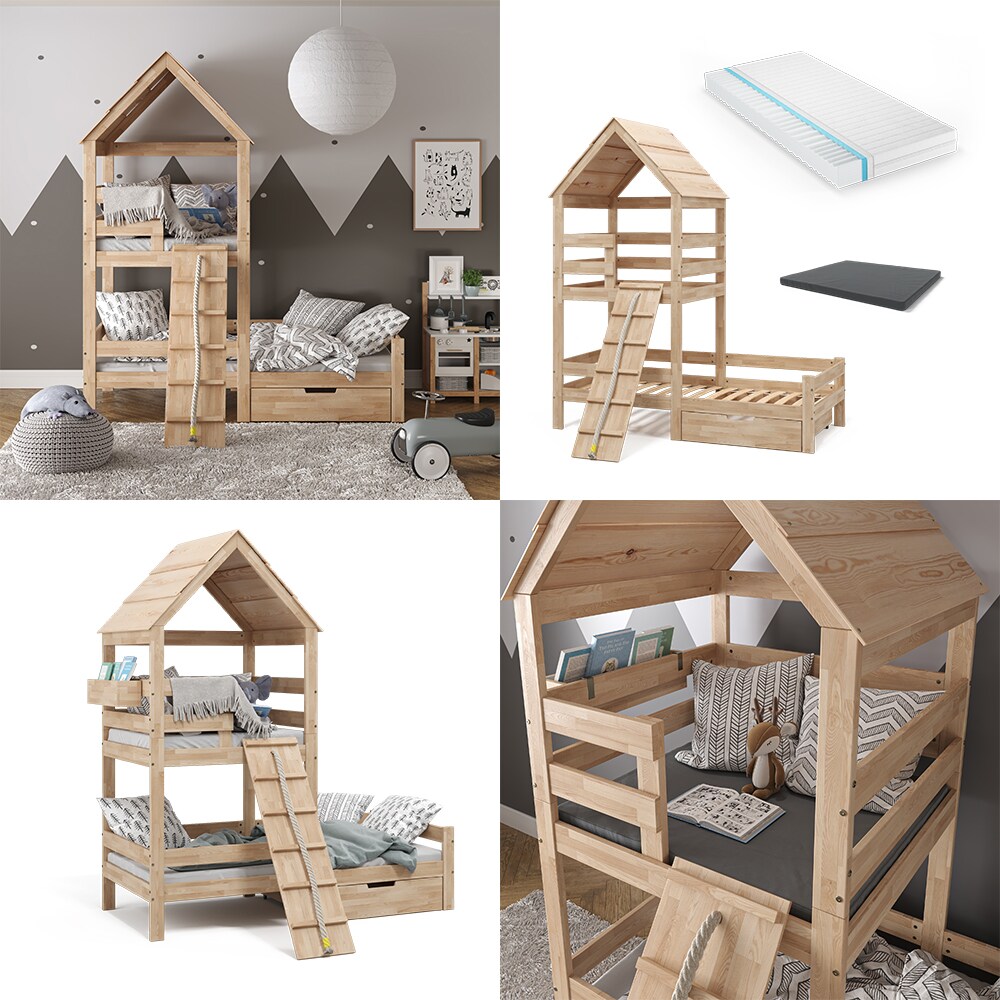 VitaliSpa Spielturmbett Kinderbett Spielbett Teddy Natur modern 208x235 cm Massivholz Kinderzimmer Lattenrost Bett Schublade Matratze Abenteuerbett Kletterbett