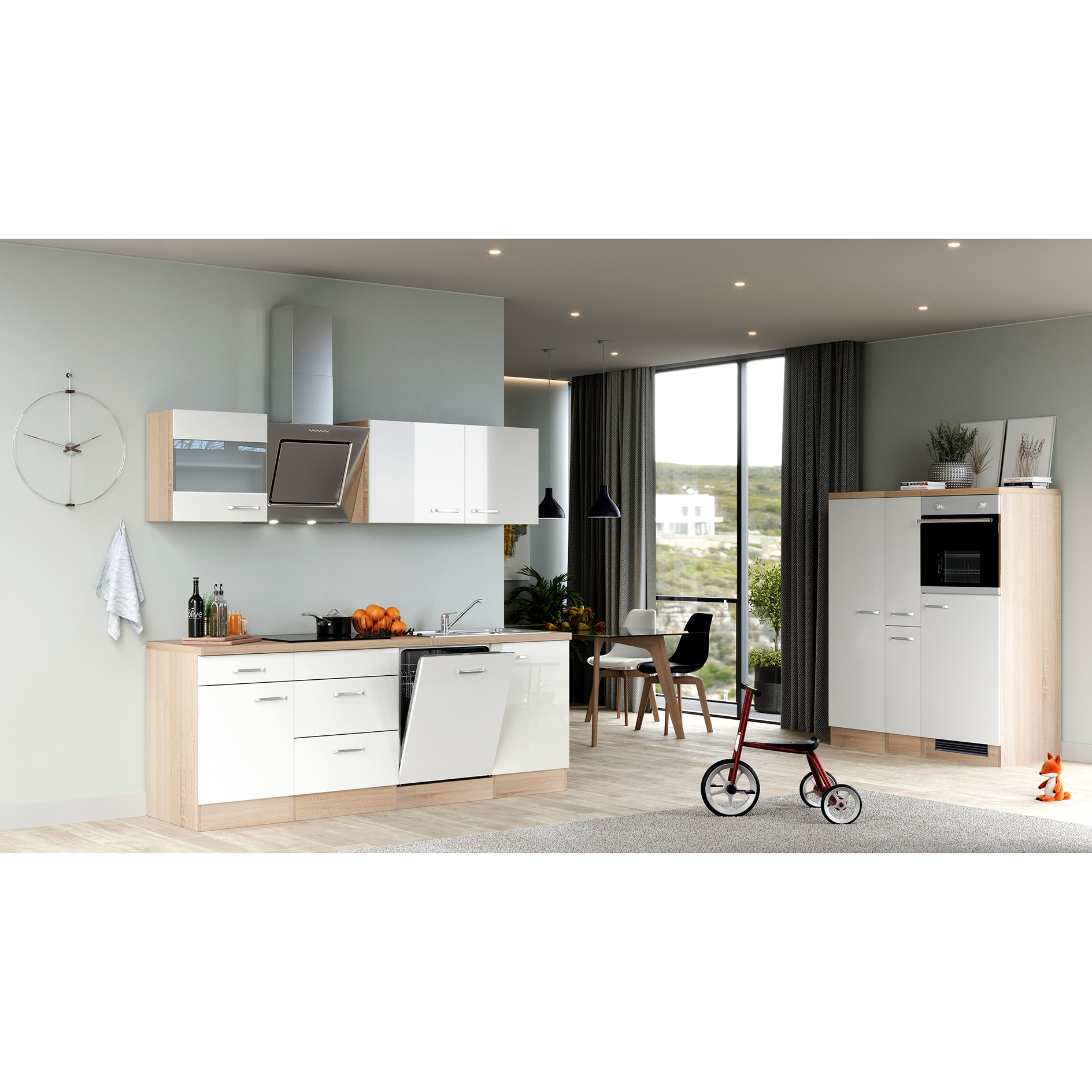 Küchenblock VALERO - weiß Hochglanz - Sonoma Eiche - mit E-Geräten - 360 cm