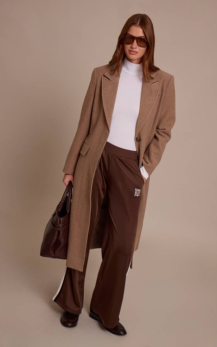 Taupe Manteau Long À Carreaux Aspect Laine Avec Détails De Coutures Et Boutonnage Simple