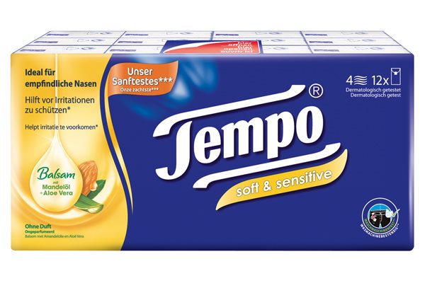 TEMPO Taschentücher<br>12 × 9 Stück, soft&sensitive