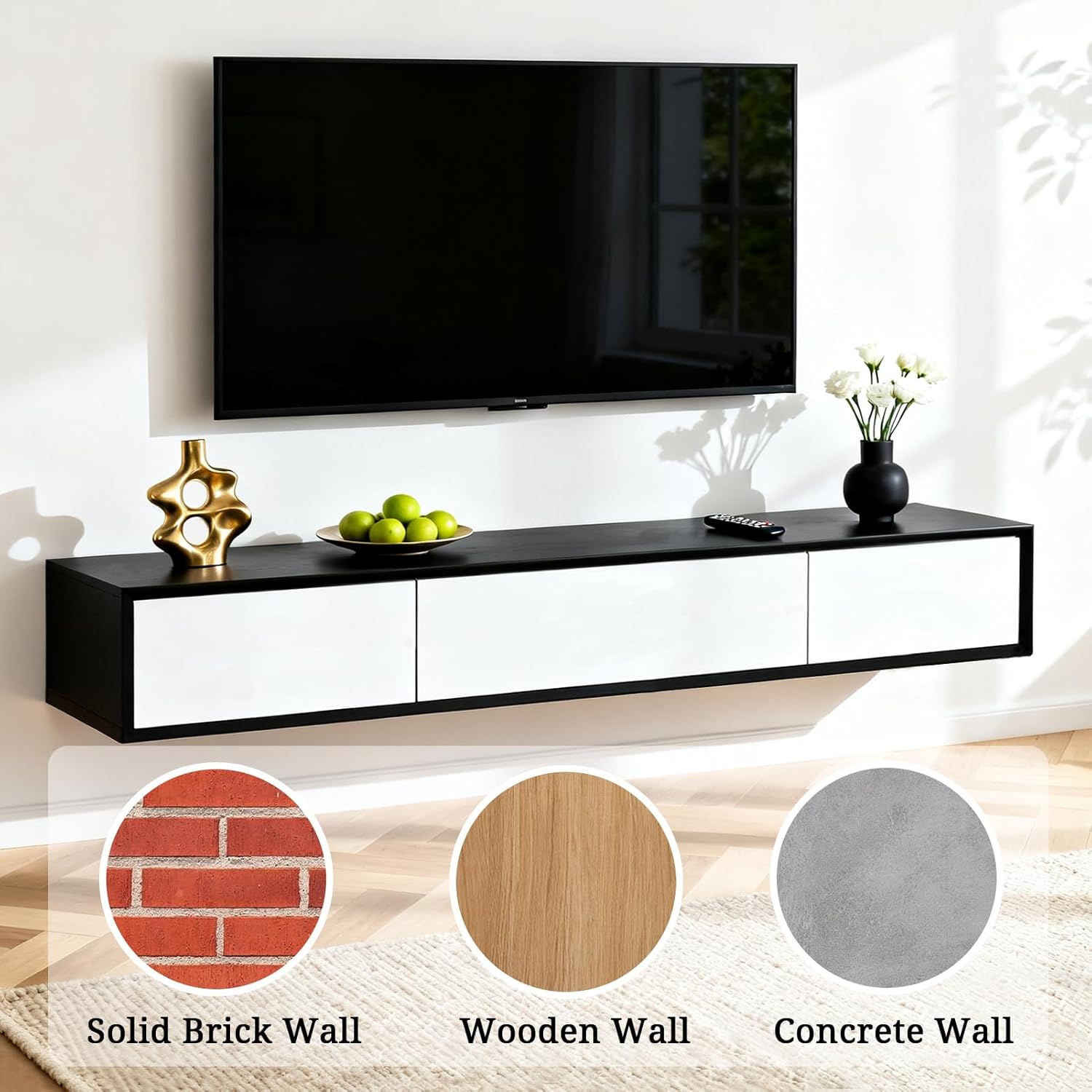 TV Lowboard Hängend 160cm, TV Schrank Hängend mit 3 Stauraum, Fernsehschrank Holz, Grifflose Design, Viel Stauraum, Schwebender TV Cabinet für Wohnzimmer und Schlafzimmer
