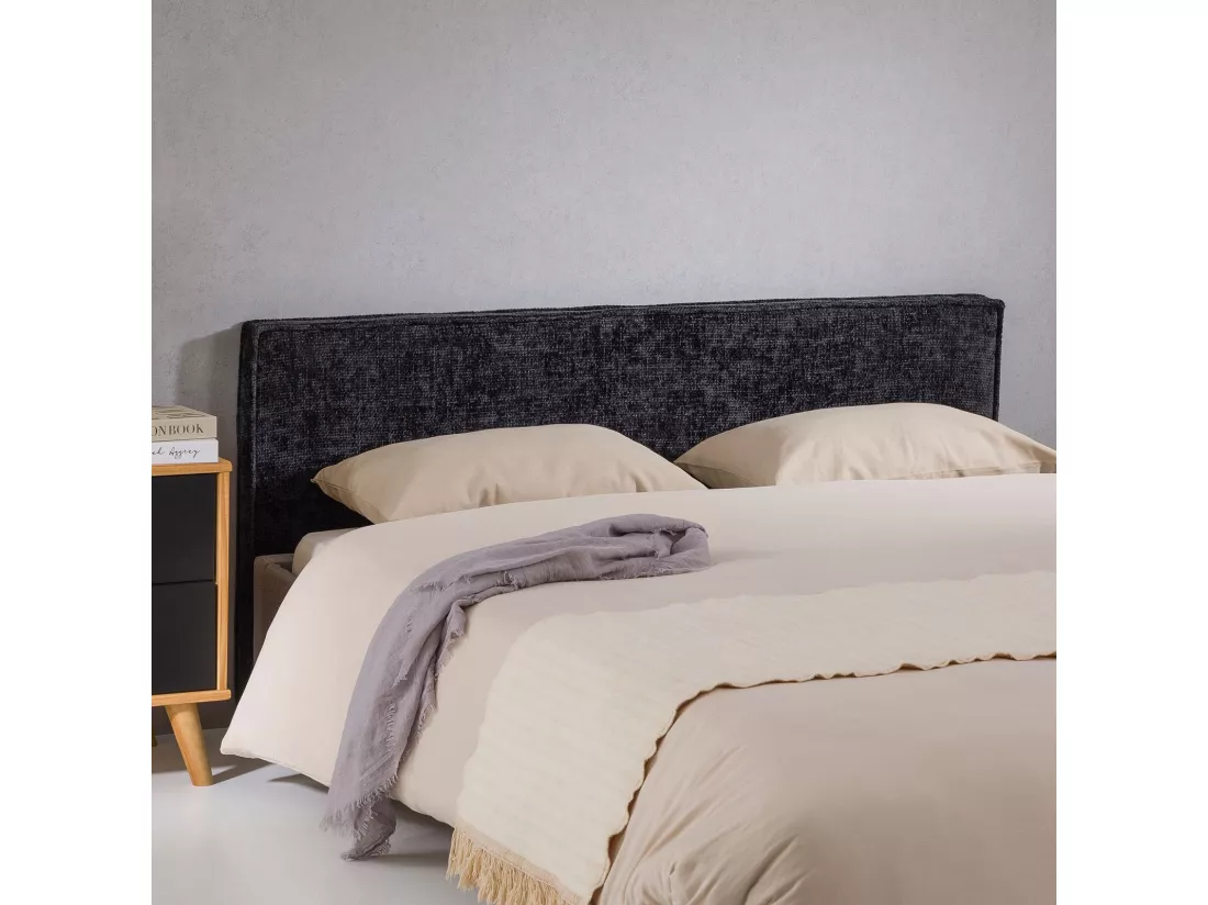 Tête de lit ELOWA 160 rembourrée, En tissu polyester pour lit 160 cm, Sur pieds en plastique, Noir