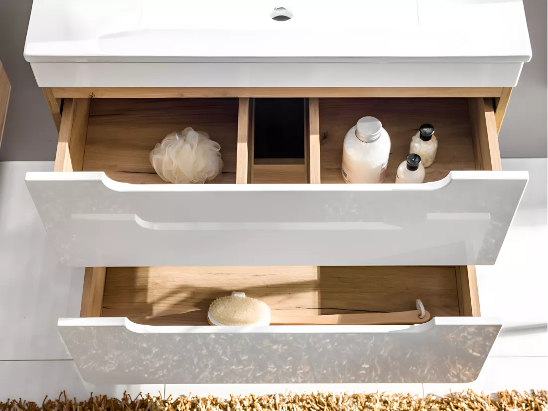 Meuble de salle de bain suspendu avec vasque à encastrer et deux colonnes - 80 cm - Coloris naturel et blanc - ARUBA