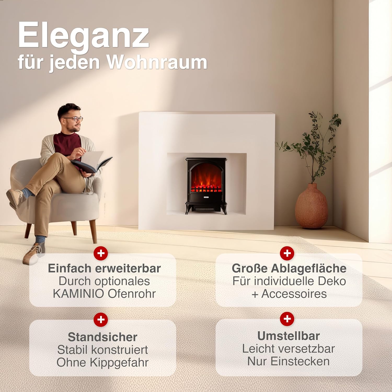 Elektrokamin Leni - Elektrischer Kaminofen mit Heizung, 3D-Flammeneffekt (Schwarz)